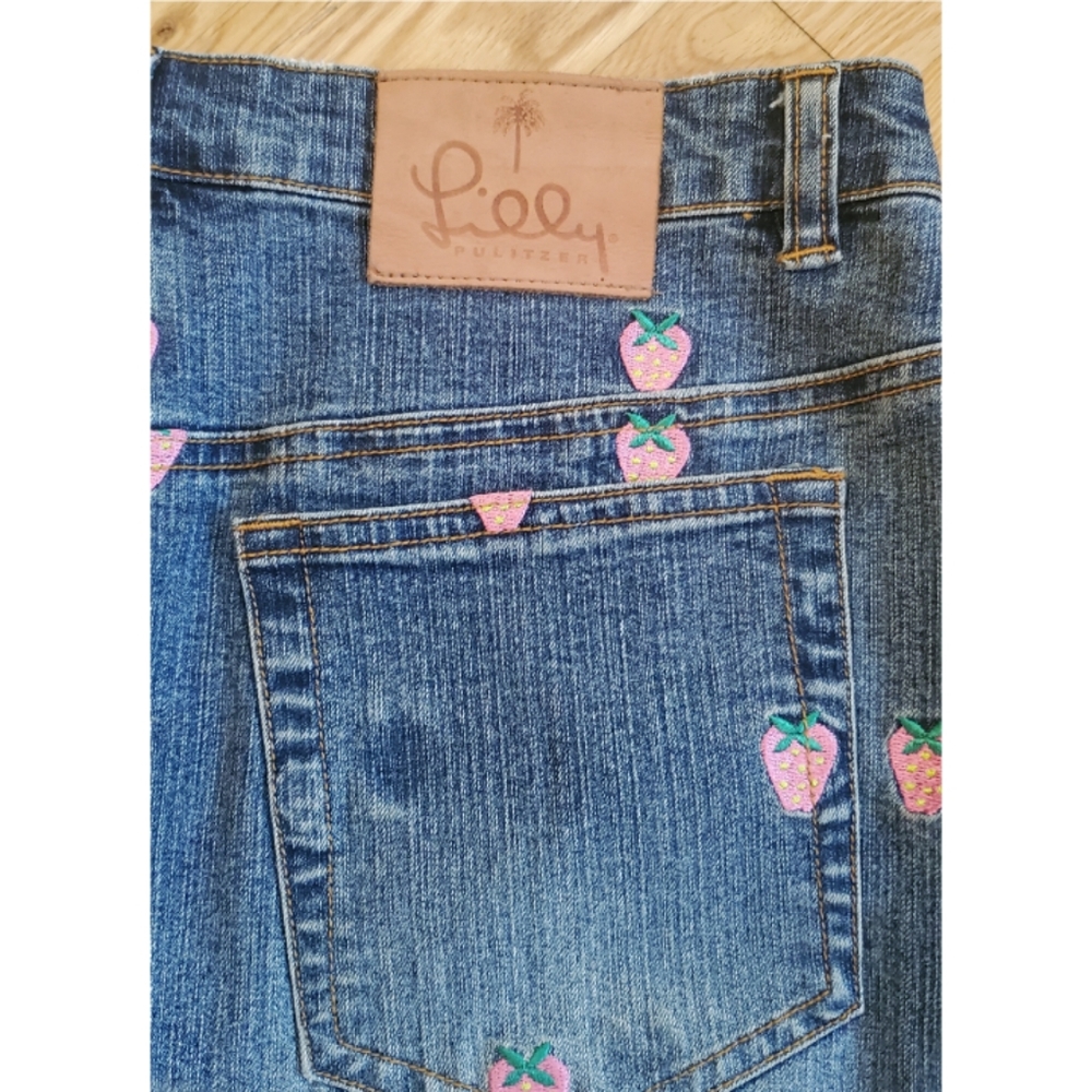 Lilly Pulitzer Blue Denim Mini Skirt with Pink Strawberry Embroidery - Picture 3 of 7